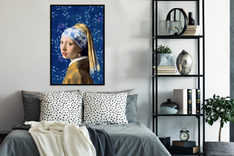 Poster met lijst - Meisje met de parel - Delfts blauw - Vermeer - Bloemen - Schilderij - Oude meesters - Staand-thumbnail-4