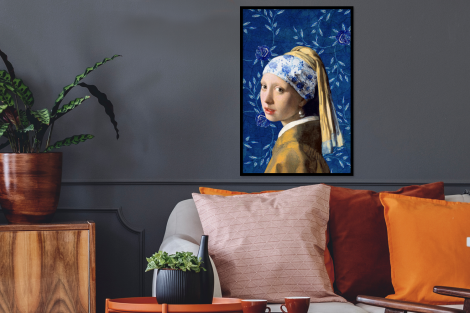 Poster met lijst - Meisje met de parel - Delfts blauw - Vermeer - Bloemen - Schilderij - Oude meesters - Staand-thumbnail-2