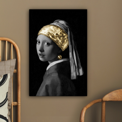Canvas schilderij - Meisje met de parel - Johannes Vermeer - Goud-2