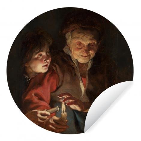 Runde Tapete - Alte Frau und Junge mit Kerzen - Gemälde von Peter Paul Rubens