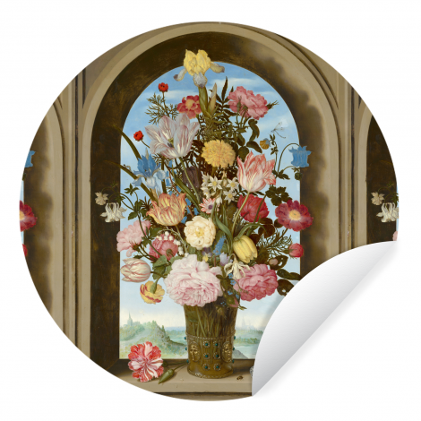 Behangcirkel - Vaas met bloemen in een venster - Schilderij van Ambrosius Bosschaert de Oude