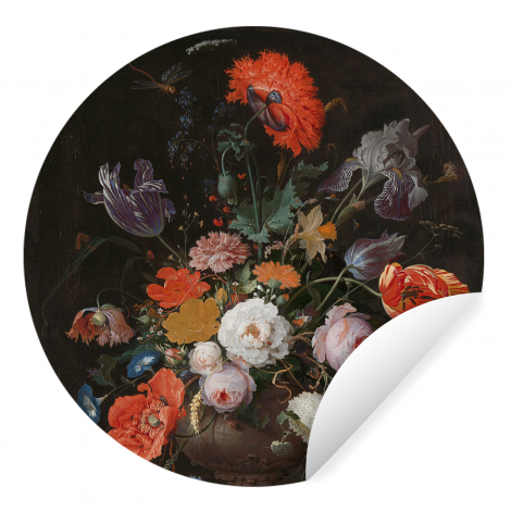 Behangcirkel - Stilleven met bloemen en een horloge - Schilderij van Abraham Mignon-thumbnail-1