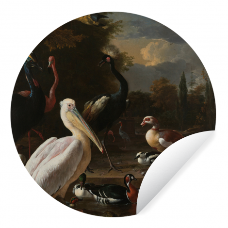 Behangcirkel - Een pelikaan en ander gevogelte bij een waterbassin - Schilderij van Melchior d'Hondecoeter