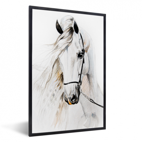 Poster mit Rahmen - Pferd - Aquarell - Tiere - Weiß - Vertikal