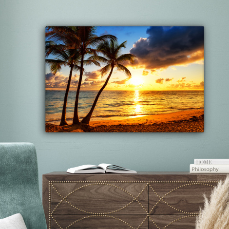 Canvas schilderij - Strand - Horizon - Zonsondergang - Palmboom - Zee-4