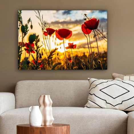 Canvas schilderij - Rode papavers bij een zonsopkomst-2