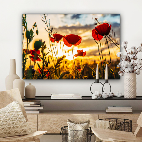 Canvas schilderij - Rode papavers bij een zonsopkomst-3