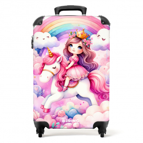 Koffer - Prinses en eenhoorn met regenboog en roze wolken