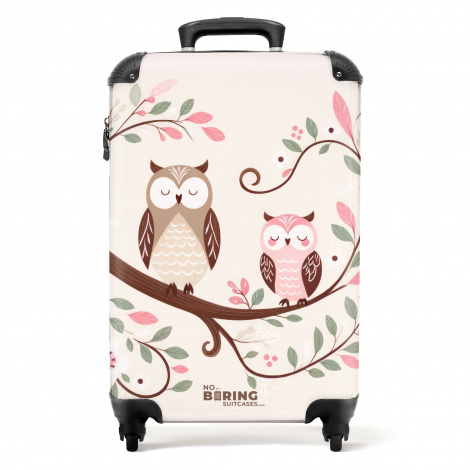 Koffer - Twee uilen op een tak met roze en groene bladeren