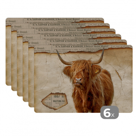 Premium placemats (6 stuks) - Schotse hooglander - Retro - Krant - 45x30 cm