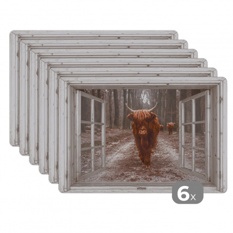 Premium placemats (6 stuks) - Doorkijk - Schotse Hooglander - Raam - 45x30 cm