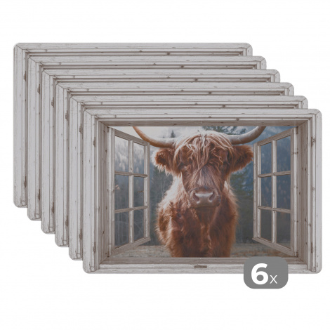 Premium placemats (6 stuks) - Schotse hooglander - Koe - Berg - Doorkijk - 45x30 cm-thumbnail-1