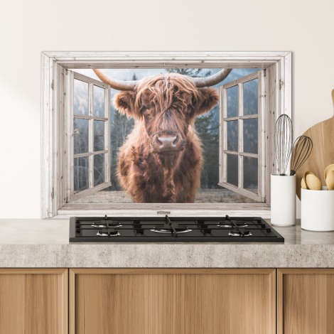 Spatscherm keuken - Schotse hooglander - Koe - Berg - Doorkijk-2