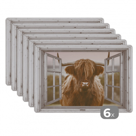 Premium placemats (6 stuks) - Schotse hooglander - Doorkijk - Pastel - 45x30 cm