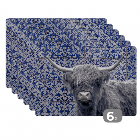 Premium placemats (6 stuks) - Schotse Hooglander - Delfts blauw - Zwart - Wit - 45x30 cm-1