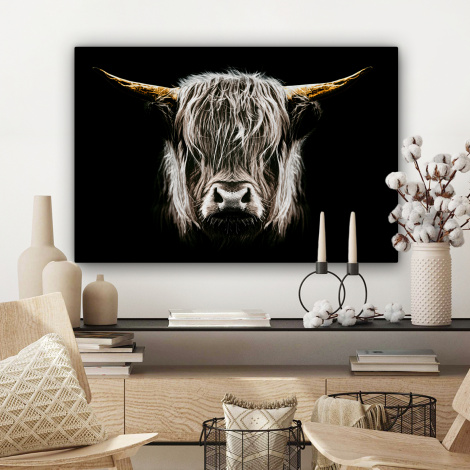 Canvas schilderij - Schotse hooglander - Goud - Hoorns - Zwart wit - Koe - Dieren-3