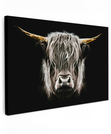 Canvas schilderij - Schotse hooglander - Goud - Hoorns - Zwart wit - Koe - Dieren