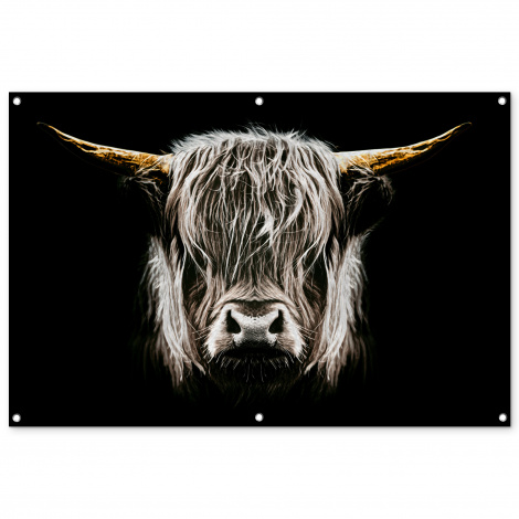 Tuinposter - Schotse hooglander - Portret - Zwart - Wit - Koe - Dieren - Liggend