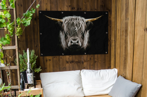 Tuinposter - Schotse hooglander - Portret - Zwart - Wit - Koe - Dieren - Liggend-3