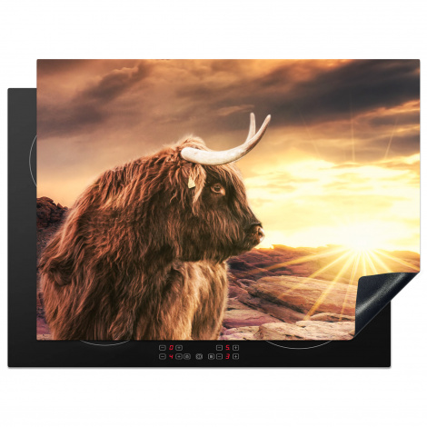 Herdabdeckplatte - Schottischer Hochländer - Sonne - Horizont - Kuh - Tiere