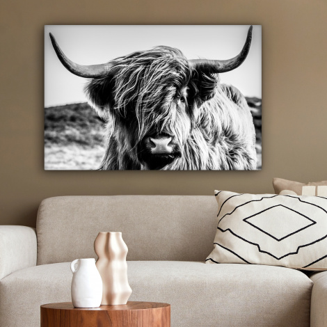 Canvas schilderij - Koe - Schotse hooglander - Zwart - Wit - Dier - Natuur - Wild-2