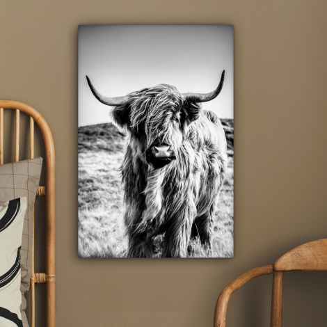 Canvas schilderij - Schotse hooglander - Natuur - Koe - Zwart - Wit-2