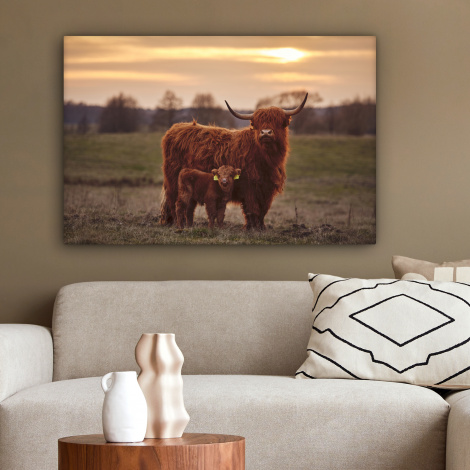 Canvas schilderij - Schotse hooglander - Dieren - Landschap - Zonsondergang-2