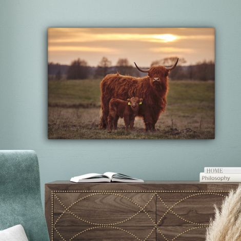 Canvas schilderij - Schotse hooglander - Dieren - Landschap - Zonsondergang-4