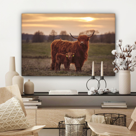 Canvas schilderij - Schotse hooglander - Dieren - Landschap - Zonsondergang-3