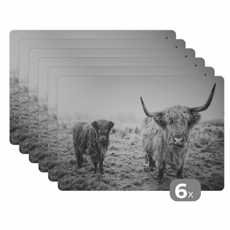 Premium placemats (6 stuks) - Portret van twee Schotse hooglanders - zwart wit - 45x30 cm-1