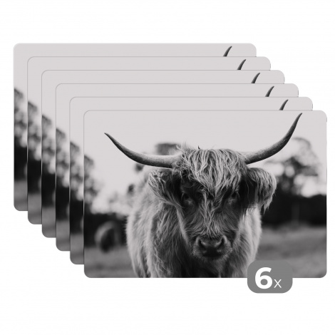 Premium placemats (6 stuks) - Schotse hooglander van dichtbij - zwart wit - 45x30 cm