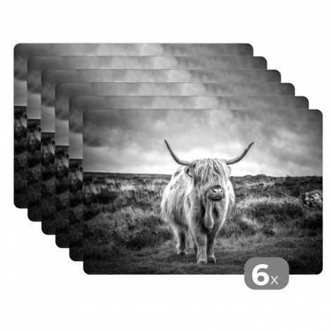 Premium placemats (6 stuks) - Wollige Schotse hooglander in graslandschap in zwart wit - 45x30 cm-thumbnail-1