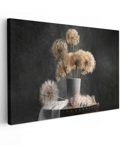 Canvas schilderij - Bloemzaden - Paardenbloem- Vaas - Stilleven - Boeket
