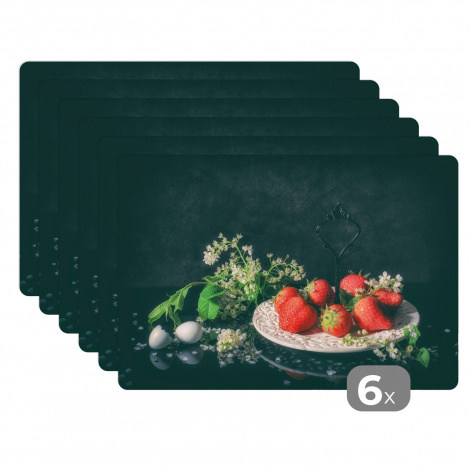 Premium placemats (6 stuks) - Aardbeien - Schilderij - Stilleven - Bloemen - Ei - Bord - 45x30 cm