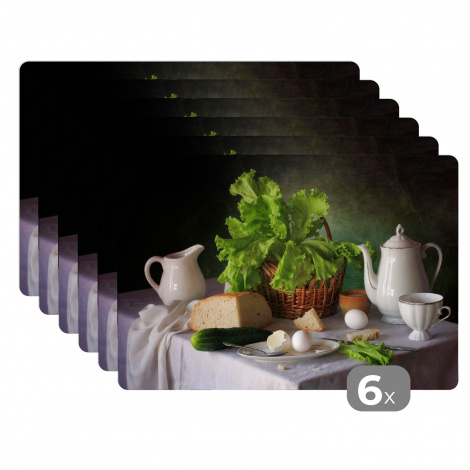 Premium placemats (6 stuks) - Stilleven - Eten - Theepot - Kaas - Kan - Sla - Eieren - 45x30 cm-1