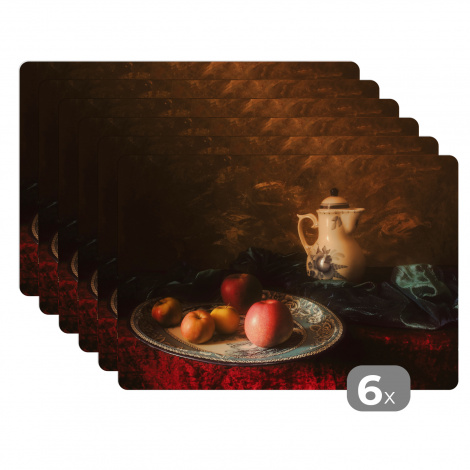 Premium placemats (6 stuks) - Schilderij - Stilleven - Theepot - Appels - 45x30 cm
