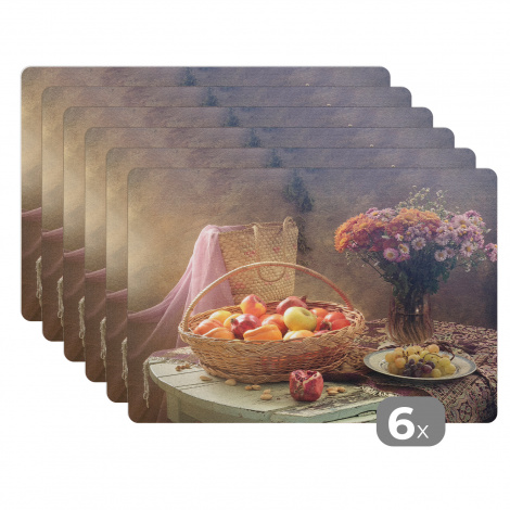 Premium placemats (6 stuks) - Stilleven - Schilderij - Bloemen - Fruit - Appels - Druiven - Kunst - 45x30 cm