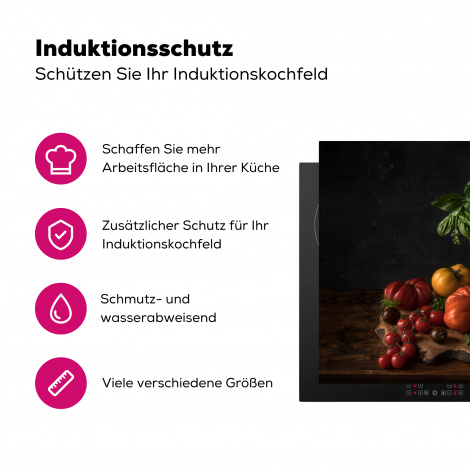 Herdabdeckplatte - Stilleben - Tomaten - Basilikum - Gemälde - Gemüse - Schwarz-3