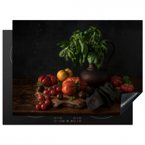 Herdabdeckplatte - Stilleben - Tomaten - Basilikum - Gemälde - Gemüse - Schwarz