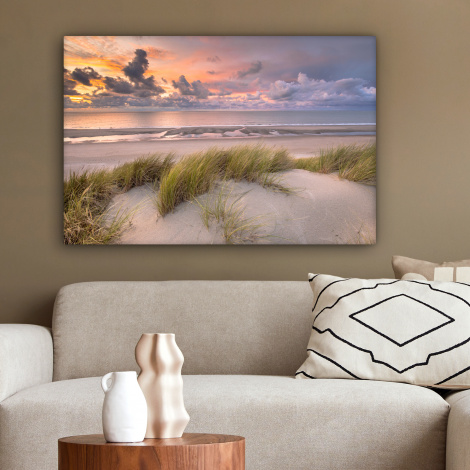 Leinwandbild - Sonnenuntergang - Düne - Strand - Pflanzen - Meer-2