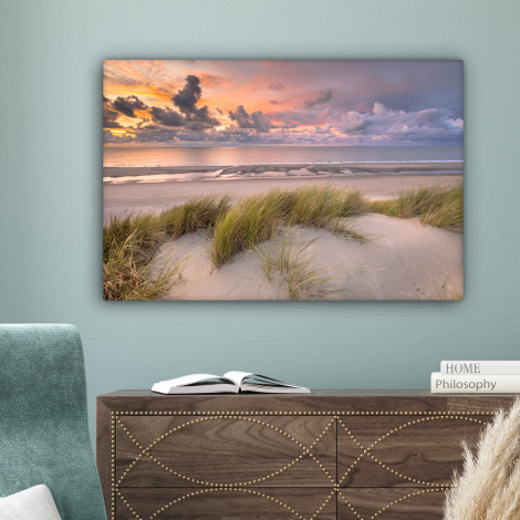 Leinwandbild - Sonnenuntergang - Düne - Strand - Pflanzen - Meer-4