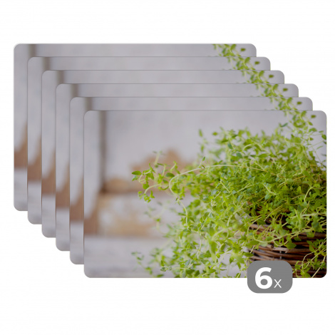 Premium placemats (6 stuks) - Rieten mand met de lichtgroene tijm planten op een rustieke tafel - 45x30 cm-1