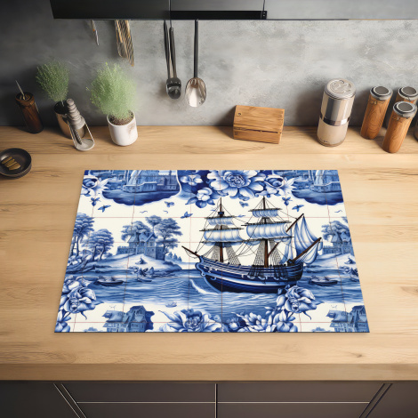 Inductiebeschermer - Boot - Zee - Bloemen - Delfts blauw - Hollands-2