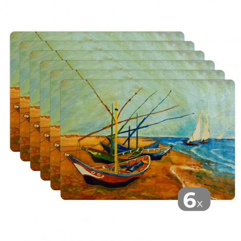 Premium placemats (6 stuks) - Vissersboten op het strand - Vincent van Gogh - 45x30 cm-thumbnail-1