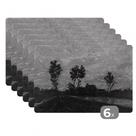 Premium placemats (6 stuks) - Landschap bij zonsondergang - Vincent van Gogh - Zwart - Wit - 45x30 cm
