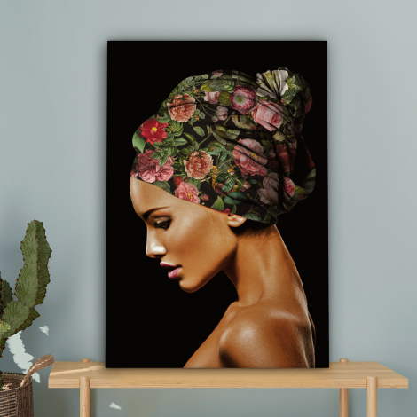 Canvas schilderij - Vrouw - Hoofddoek - Bloemen-4