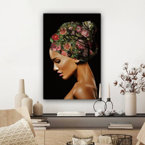 Canvas schilderij - Vrouw - Hoofddoek - Bloemen-3