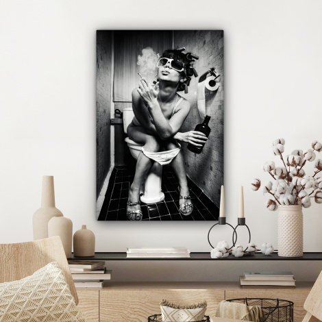 Canvas schilderij - Vrouw - Vintage - Krulspelden - Toilet - Sigaret-3