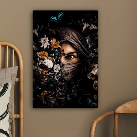 Leinwandbild - Frau - Kopftuch - Blumen - Schmetterlinge-2