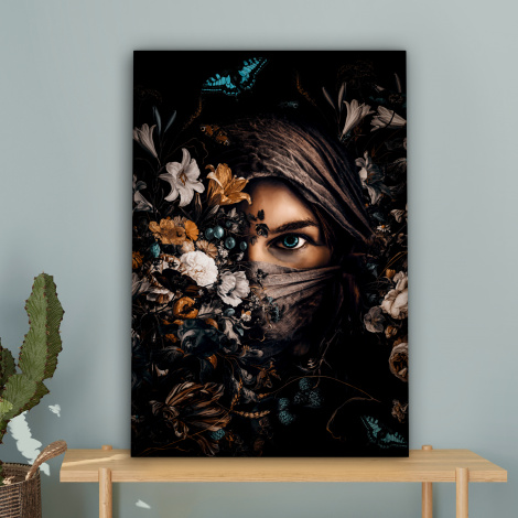 Leinwandbild - Frau - Kopftuch - Blumen - Schmetterlinge-4